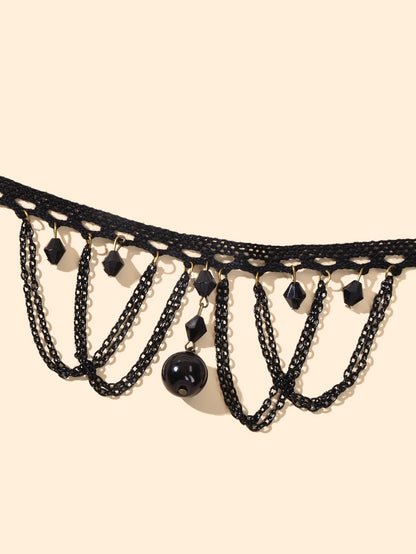 Halloween Retro Necklace Black Bead Charm Lace Neck Tassel Chain Collar Choker-3