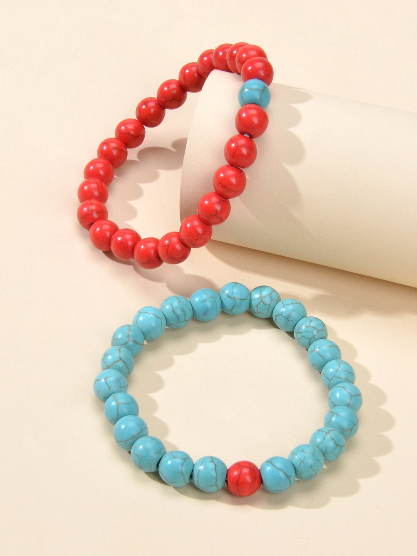 2pcs Bohemian Ethnic Handmade Red Beige Beads Turquoise Elastic Bracelets Bangle-3