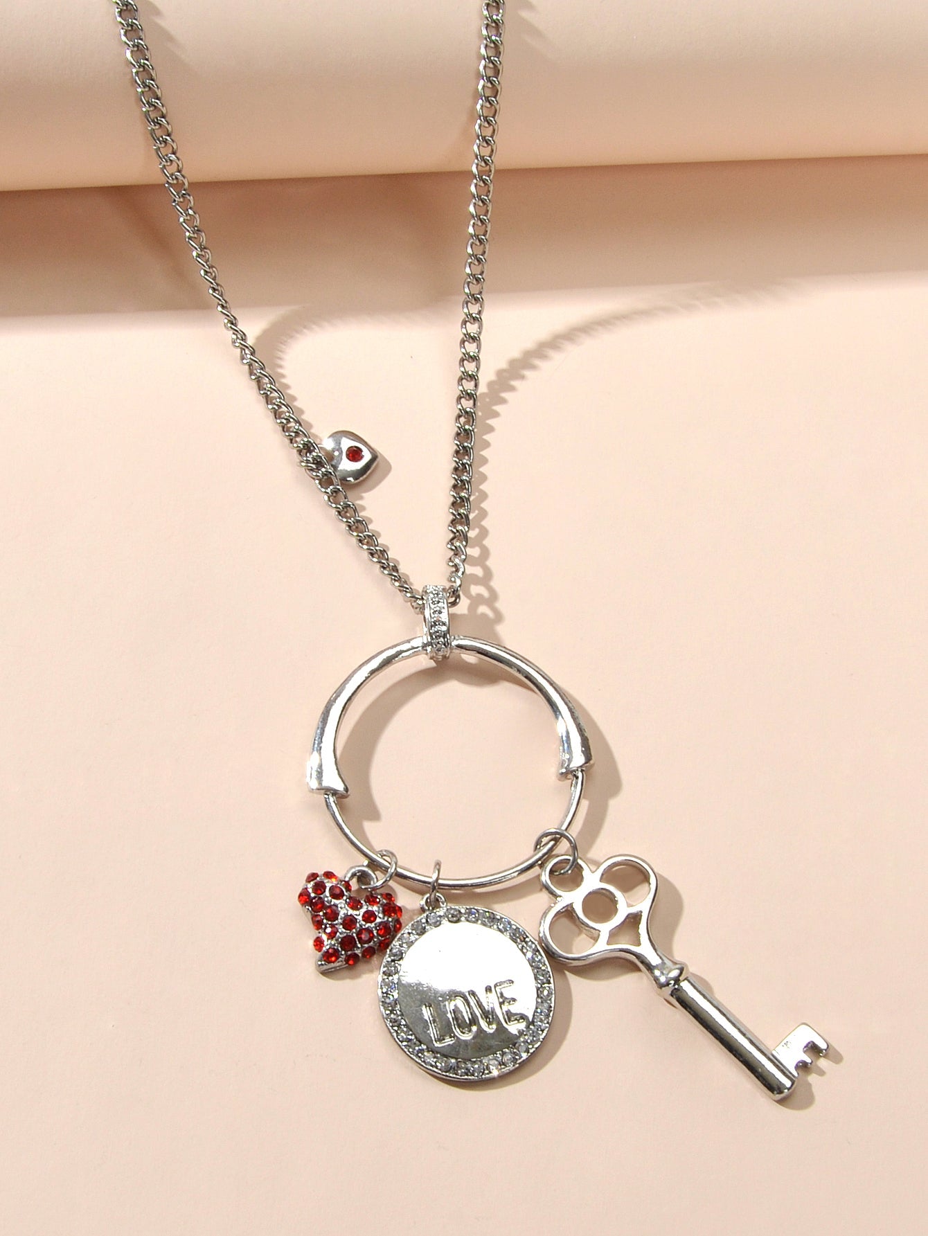 Gift Jewellery Women Girls Long Silver Chain Love Round Heart Key Charm Necklace-3