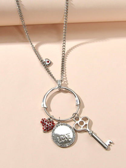 Gift Jewellery Women Girls Long Silver Chain Love Round Heart Key Charm Necklace-3