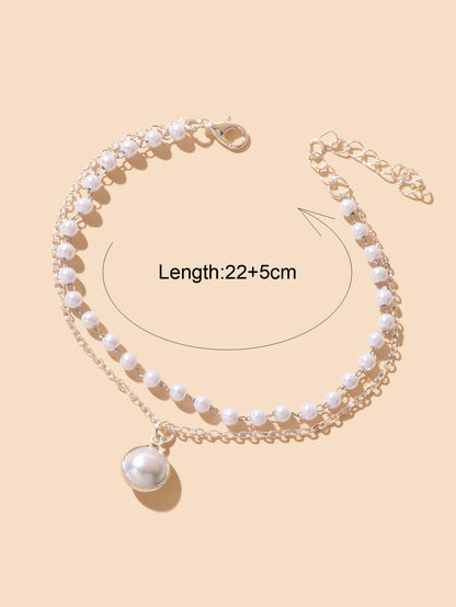 Double layer Gold Silver Chain Pearl Decor Anklet Foot Jewelry Beach Accessories-3