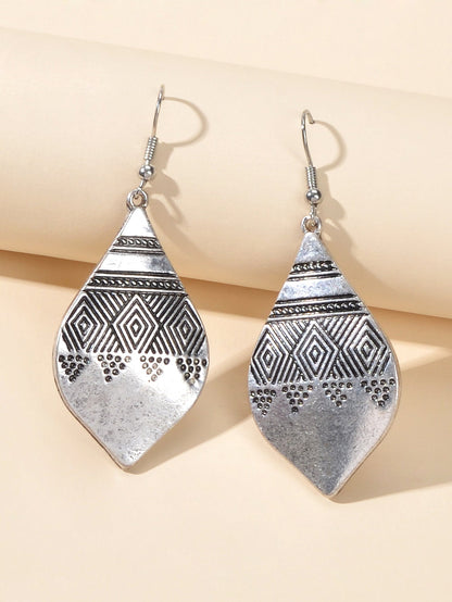 American Tribal Ethnic Antique Craved Geometric Parrtern Water Drop Earrings-3