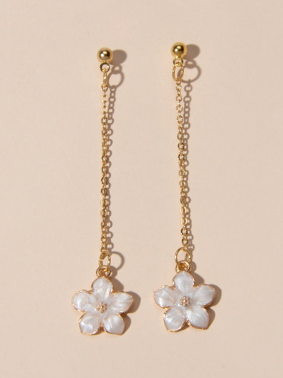 Charming White Black Enamel Long Chain Flower Pendant Dangle Pierced Earrings-3