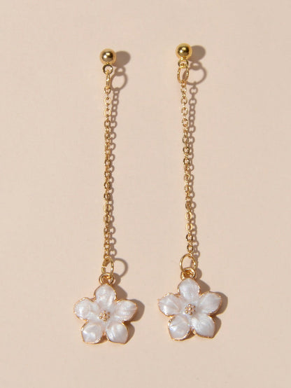 Charming White Black Enamel Long Chain Flower Pendant Dangle Pierced Earrings-3