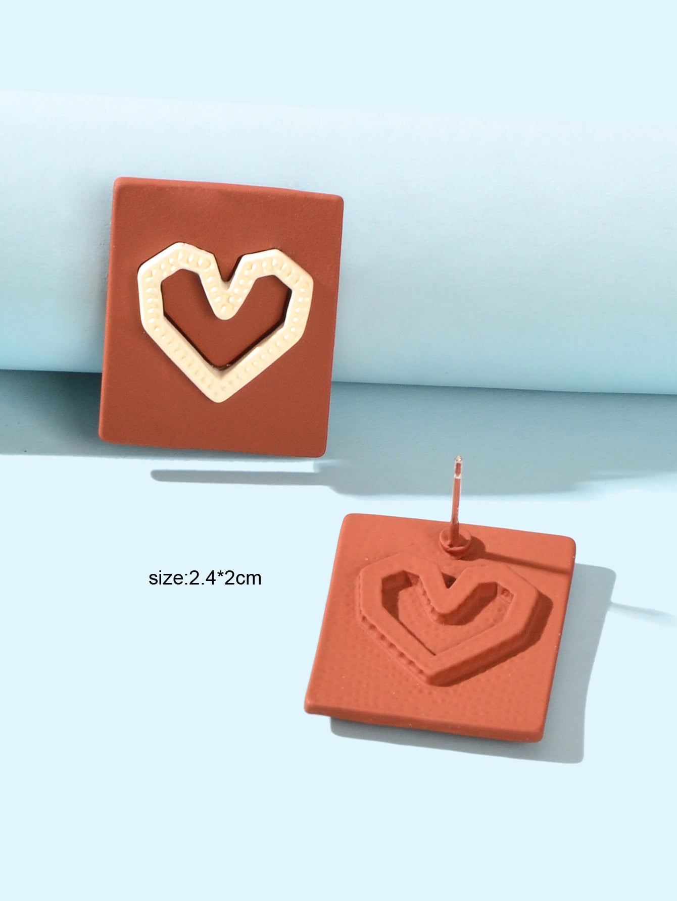 Girlfriend Gift Jewellery Love Heart Brown Square Stud Hypoallergenic Earrings-3