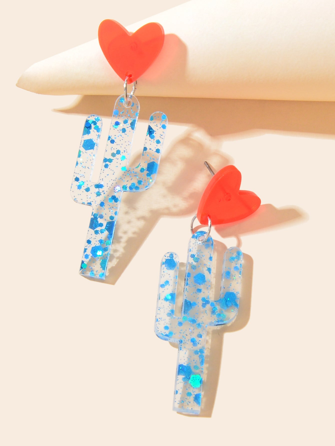 Boho Lightweight Red Heart Blue Cactus Unique Acrylic Transparent Plant Earrings-3