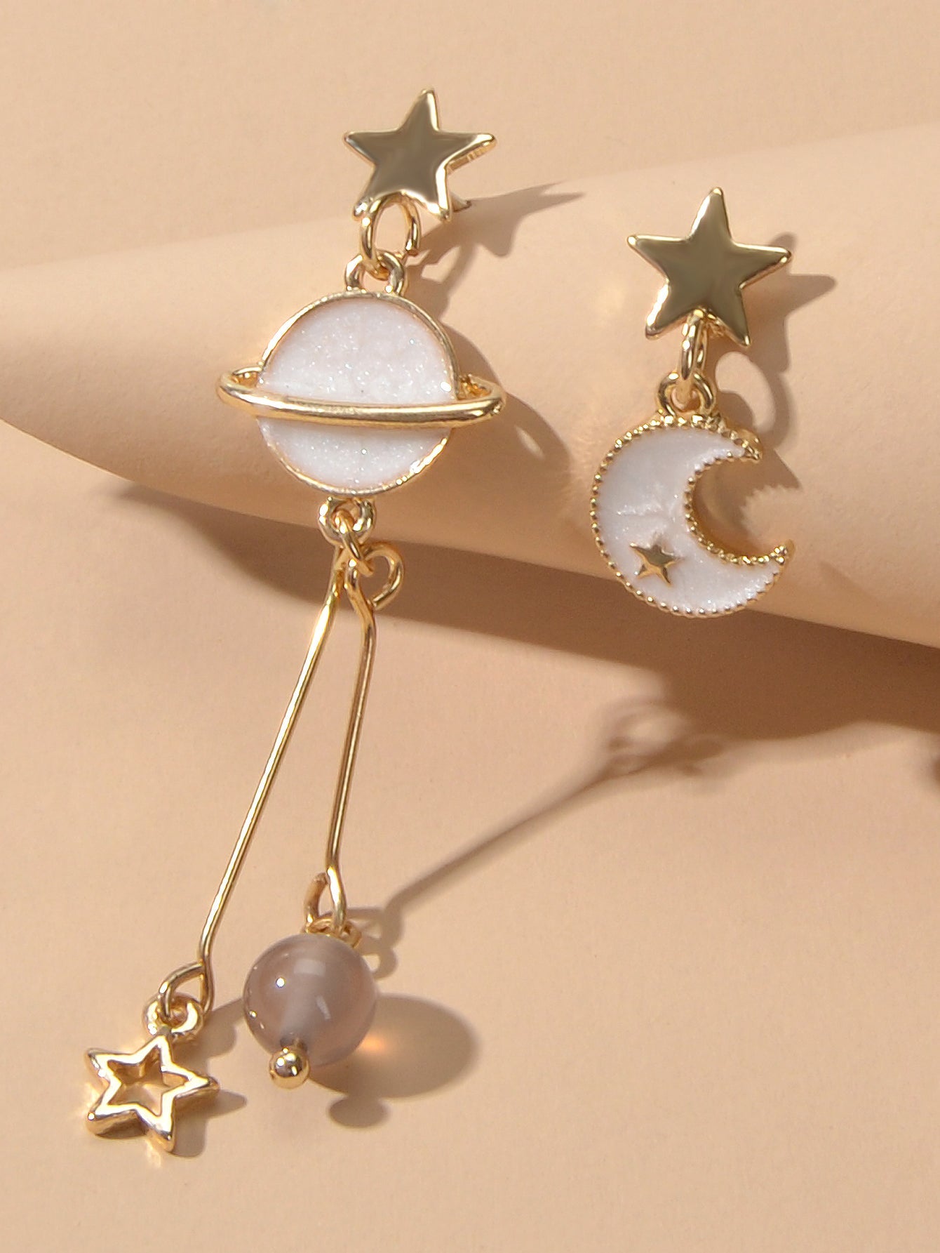 Stunning Gold Chain White Moon Planet Star Charm Stud Drop Asymmetric Earrings-3