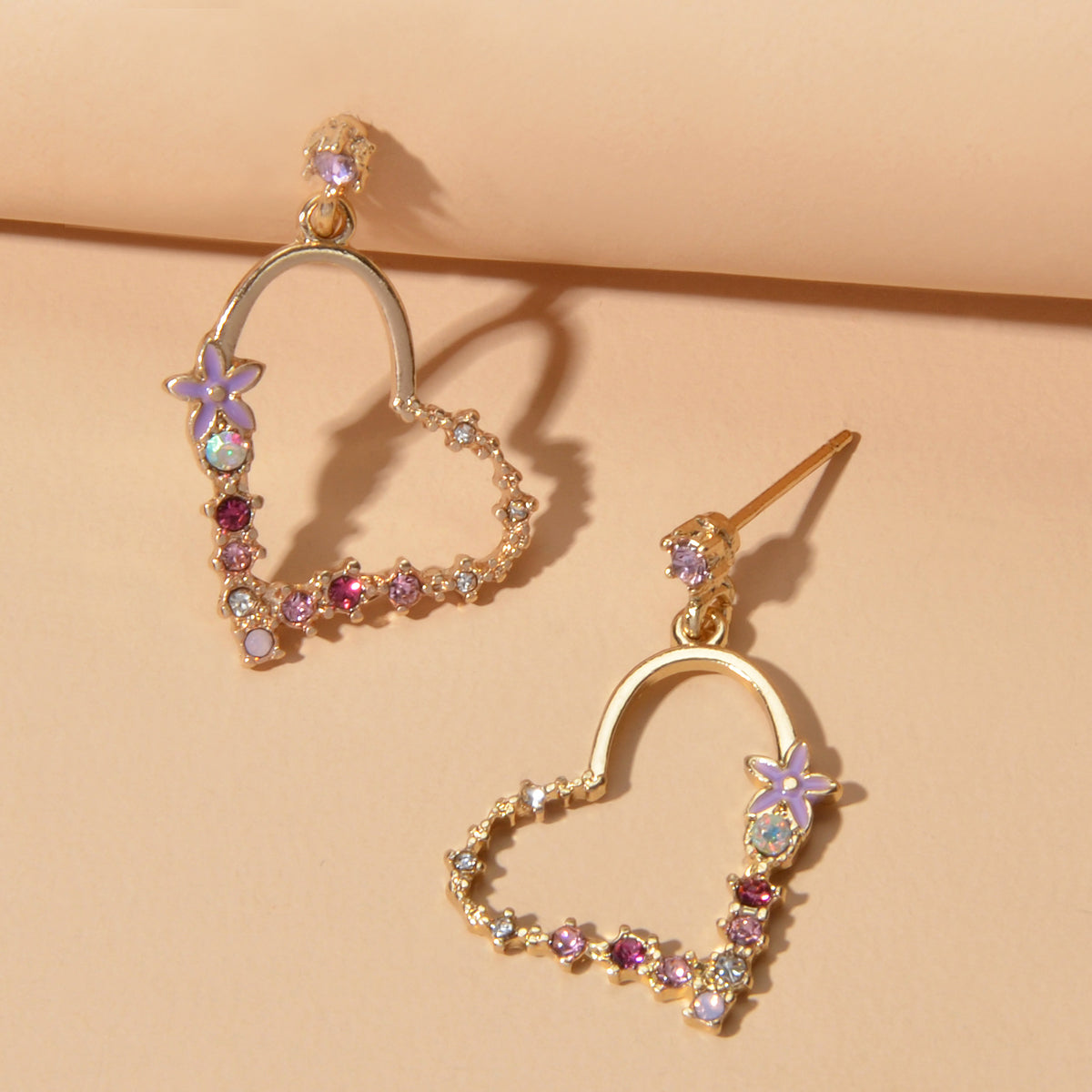 Good Quality Rhinestone Flower Gold Heart Drop Earrings Girl Fashion Accessories-3