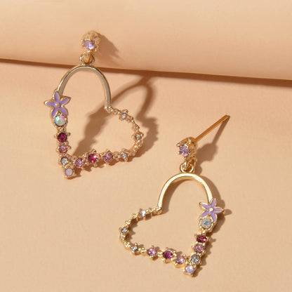Good Quality Rhinestone Flower Gold Heart Drop Earrings Girl Fashion Accessories-3
