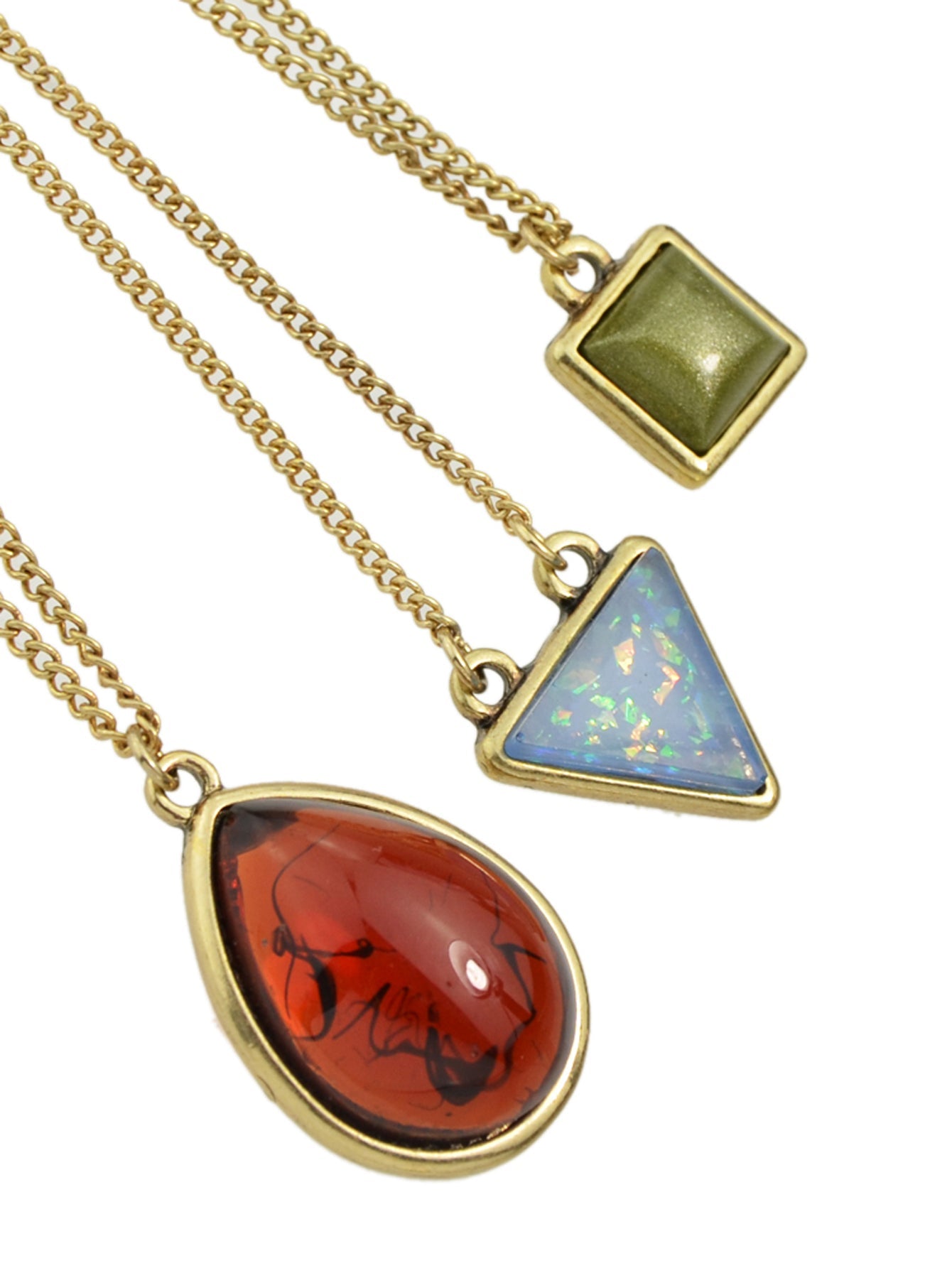 Bohemian Jewelry 3pcs Gold Chain Resin Square Triangle Water Drop Charm Necklace-4