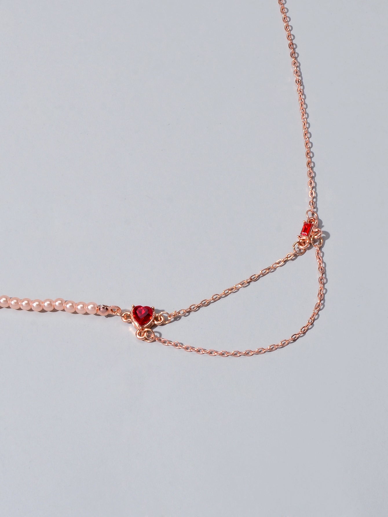 Perfect Engagement Gift Rosegold Chain Pearl Heart Sqaure Red Crystal Necklace-3