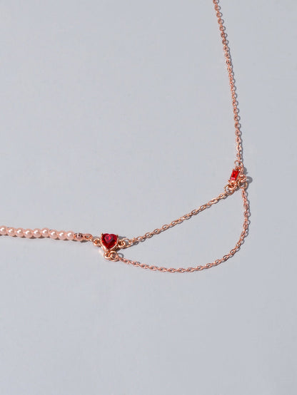 Perfect Engagement Gift Rosegold Chain Pearl Heart Sqaure Red Crystal Necklace-3