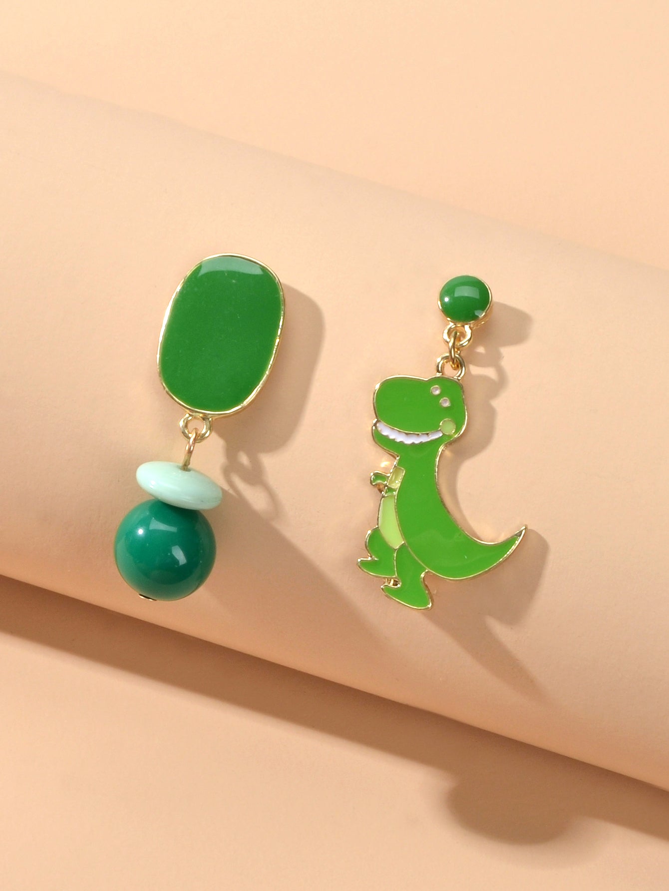 Asymmetrical Cartoon Design Green Beads Enamel Dinosaur Dangle Animal Earrings-3
