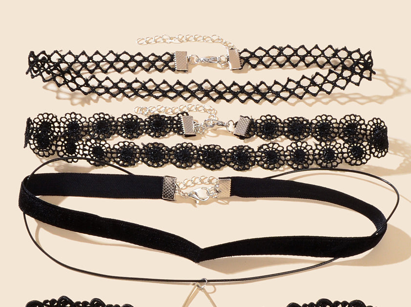 4 pcs Classic Black Gothic Tattoo Lace Chokers Beads Tassel Necklaces Party Gift-3