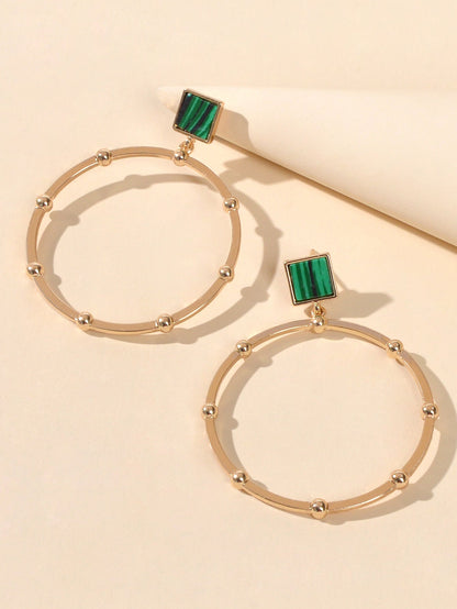 Trendy Jewellery Green Squre Decor Gold Circle Statement Dangle Party Earrings-3