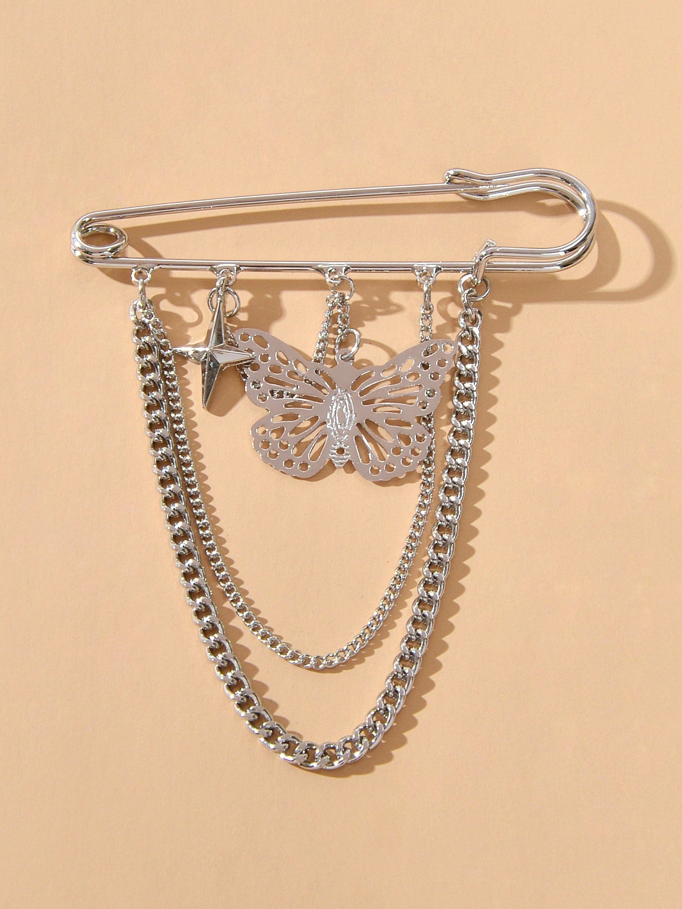 Star Butterfly Charm Silver Chain Tassel Safety Lapel Pins Brooches for Women-3