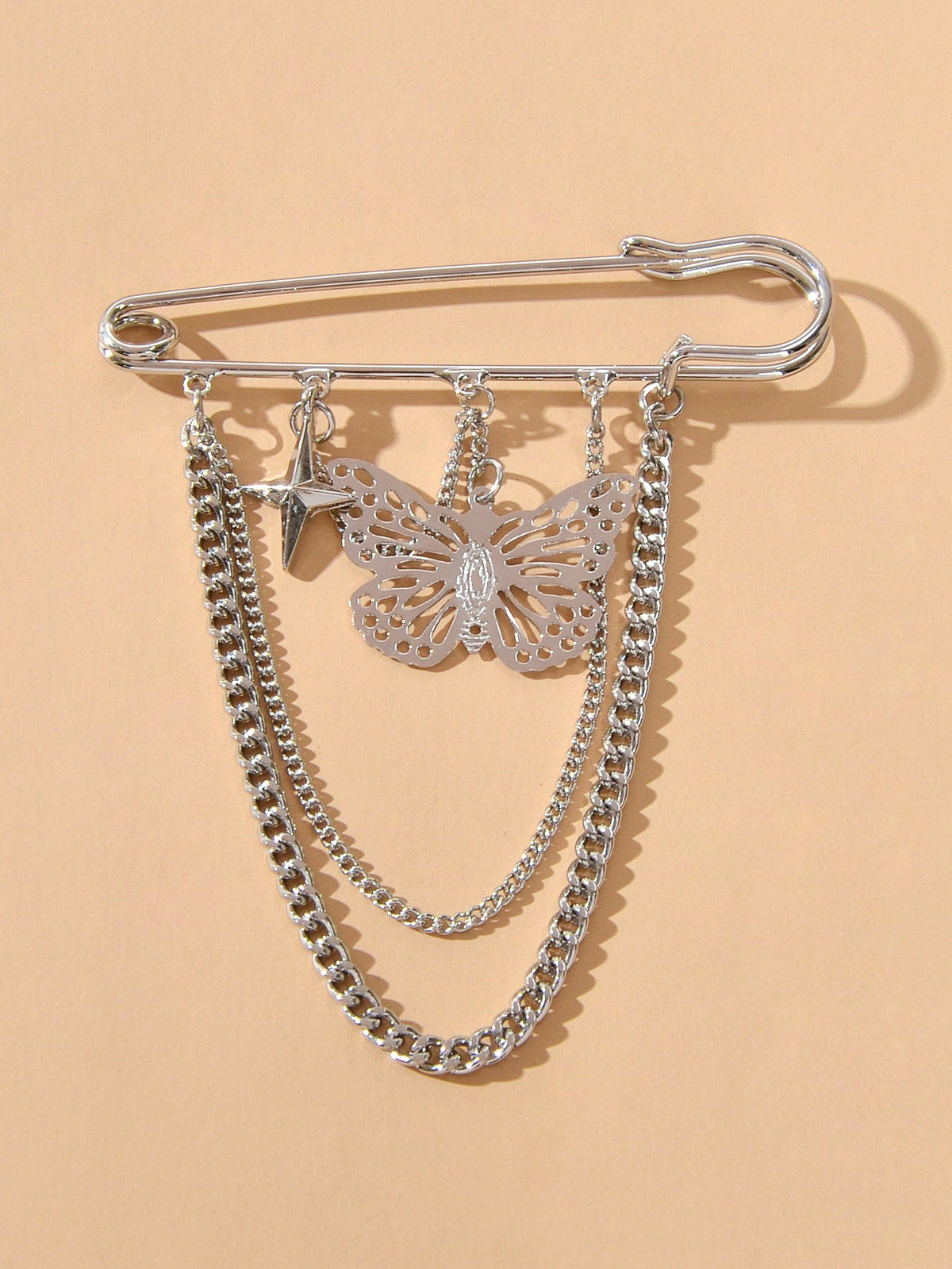 Star Butterfly Charm Silver Chain Tassel Safety Lapel Pins Brooches for Women-3