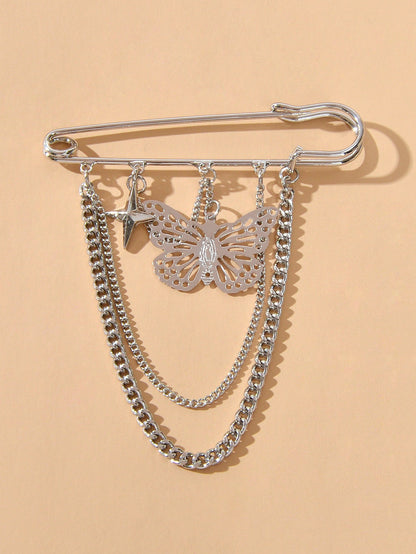 Star Butterfly Charm Silver Chain Tassel Safety Lapel Pins Brooches for Women-3