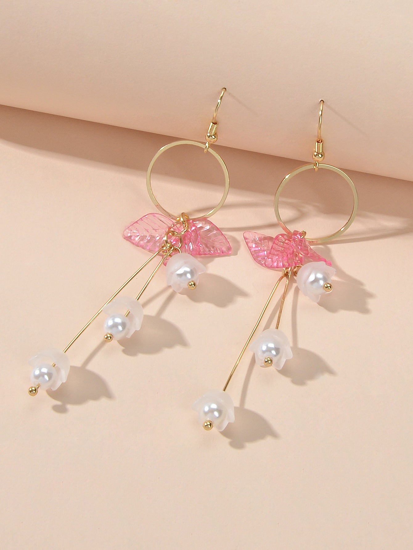 Charming Pearl Green Hotpink Resin Leaf Charm Gold Circle Dangle Women Earrings-3