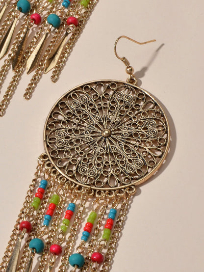 Antique Ethnic Jewellery Multicolour Seed Beads Tassel Dangle Bohemian Earrings-3