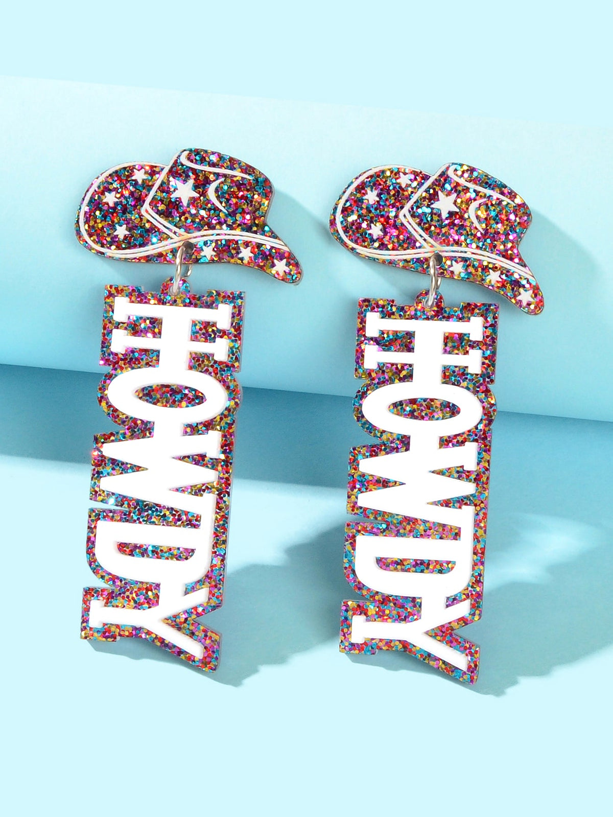 Designer Stylish Colorful Sequin Cowboy Hat Howdy Letter Acrylic Dangle Earrings-3