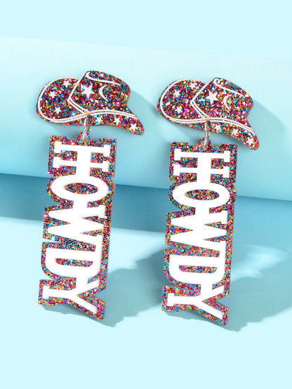 Designer Stylish Colorful Sequin Cowboy Hat Howdy Letter Acrylic Dangle Earrings-3