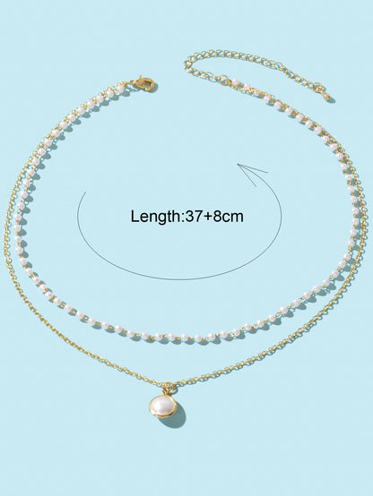 2 Layers Women Gold Pearl Charm Pendant Necklace Boho Statement Beautiful Choker-3
