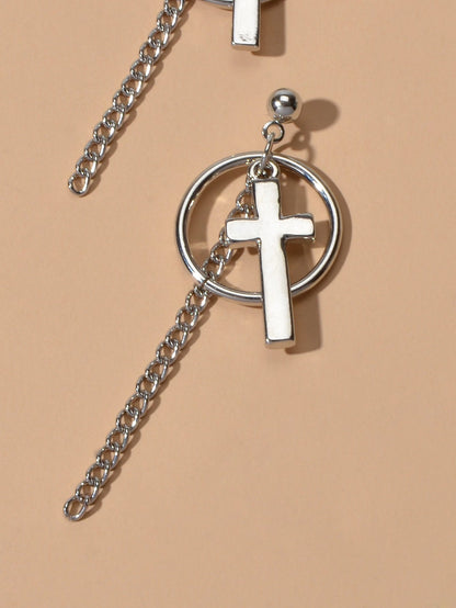 Hip Hop Punk Goth Style Silver Circle Chain Cross Dangle Earrings Female Jewelry-3