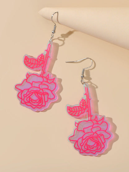 Unique Party Decoration Women Big Resin Hotpink Flower Dangle Female Earrings-3
