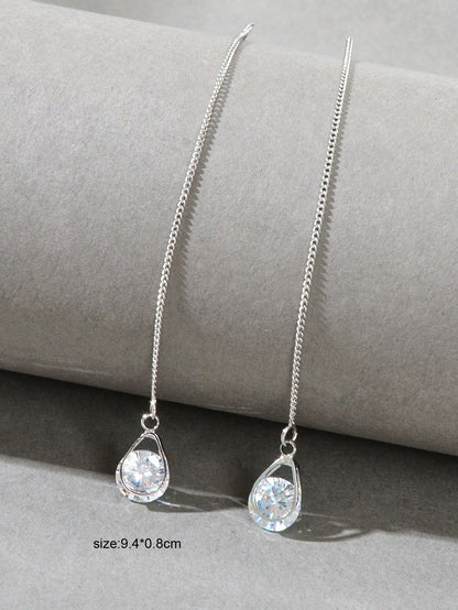 Ladies Jewellery Silver Long Chain Faux Cubic Zirconia Charm Dangle Earrings-3