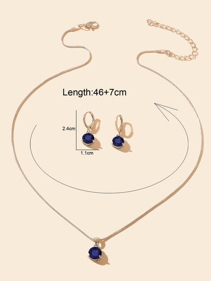 Round Navey Blue Imitation Gem Pendant Necklace Huggie Earrings Jewellery Set-3