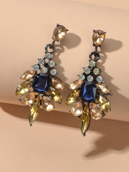 Luxurious Blue Champagne Crystal Flower Wedding Dangle Chunky Chandelier Earring-3