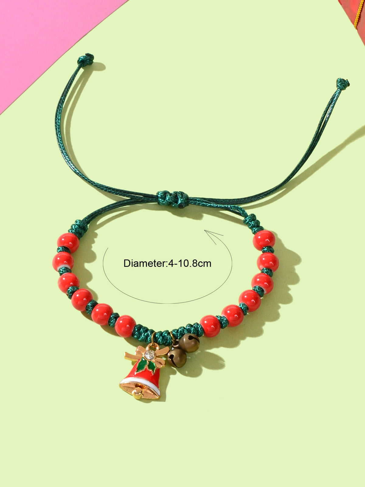 Xmas Gift Jewellery Green Braided Rope Red Beaded Bell Charm Adjustable Bracelet-3