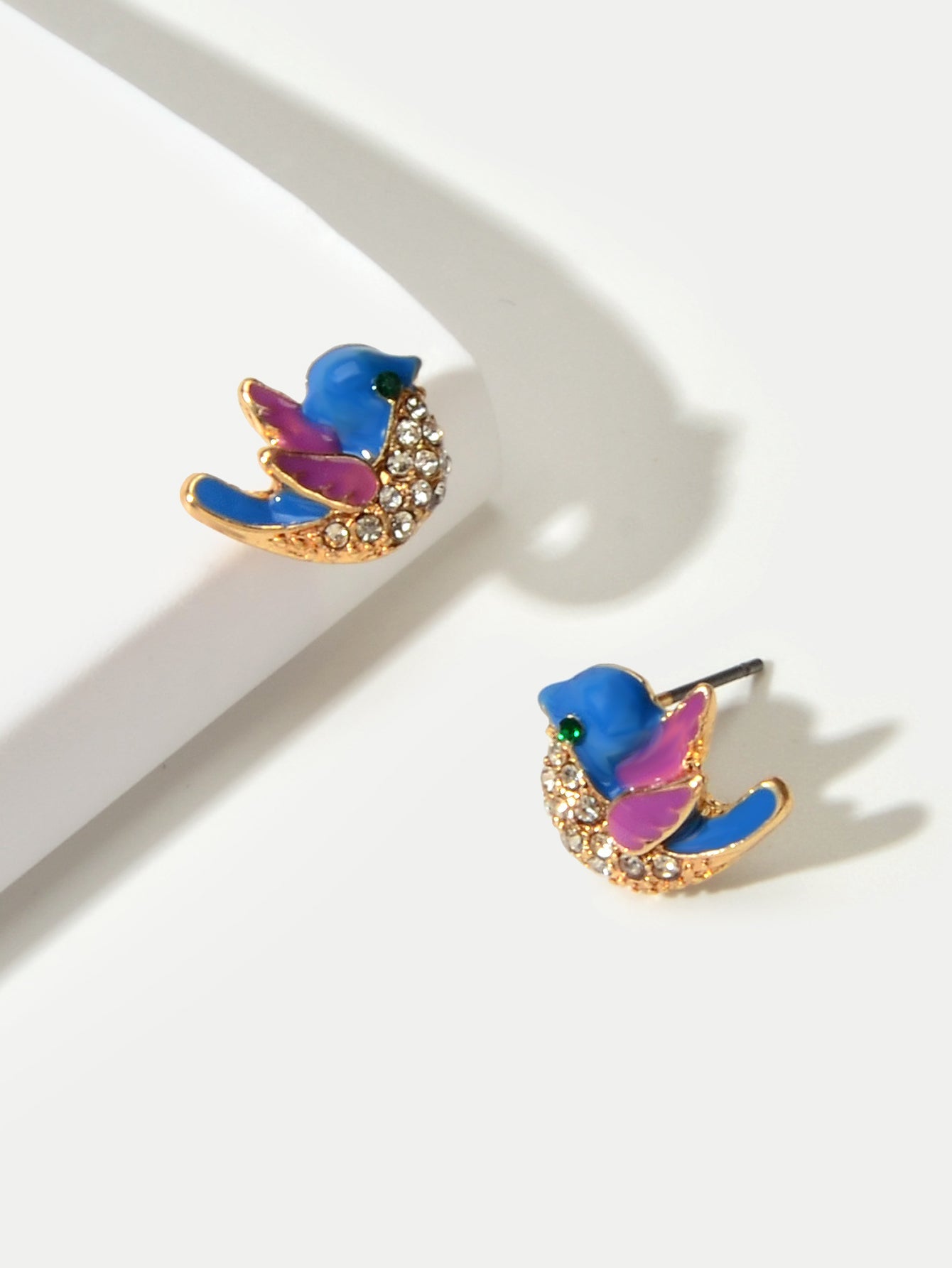 Small Rhinestone Purple Blue Enamel Love Birds Stud Earrings Funny Party Gifts-3