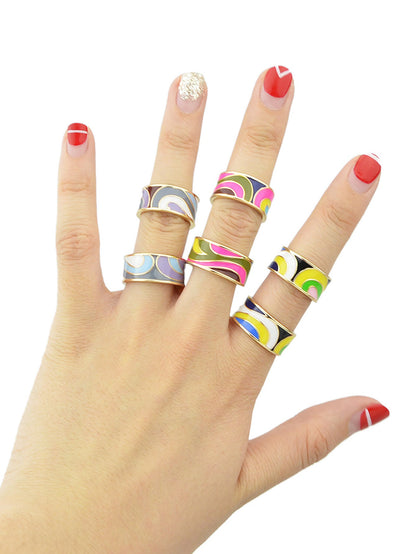 Ethnic Jewelry Geometric Pattern Colourful Enamel Gold Chunky Bohemian Band Ring-3