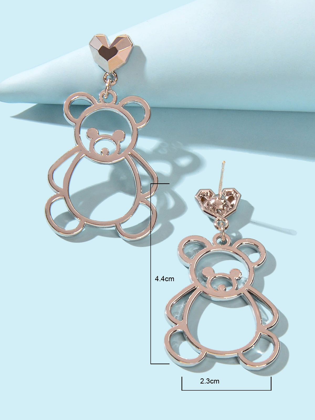 Lovely Silver Hollow Bear Dangle Design Pierced Dainty Heart Stud Earrings Gift-3