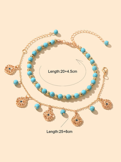 2pcs Handmade Turquoise Beads Anklets Boho Round Charm Bracelets Foot Anklet Set