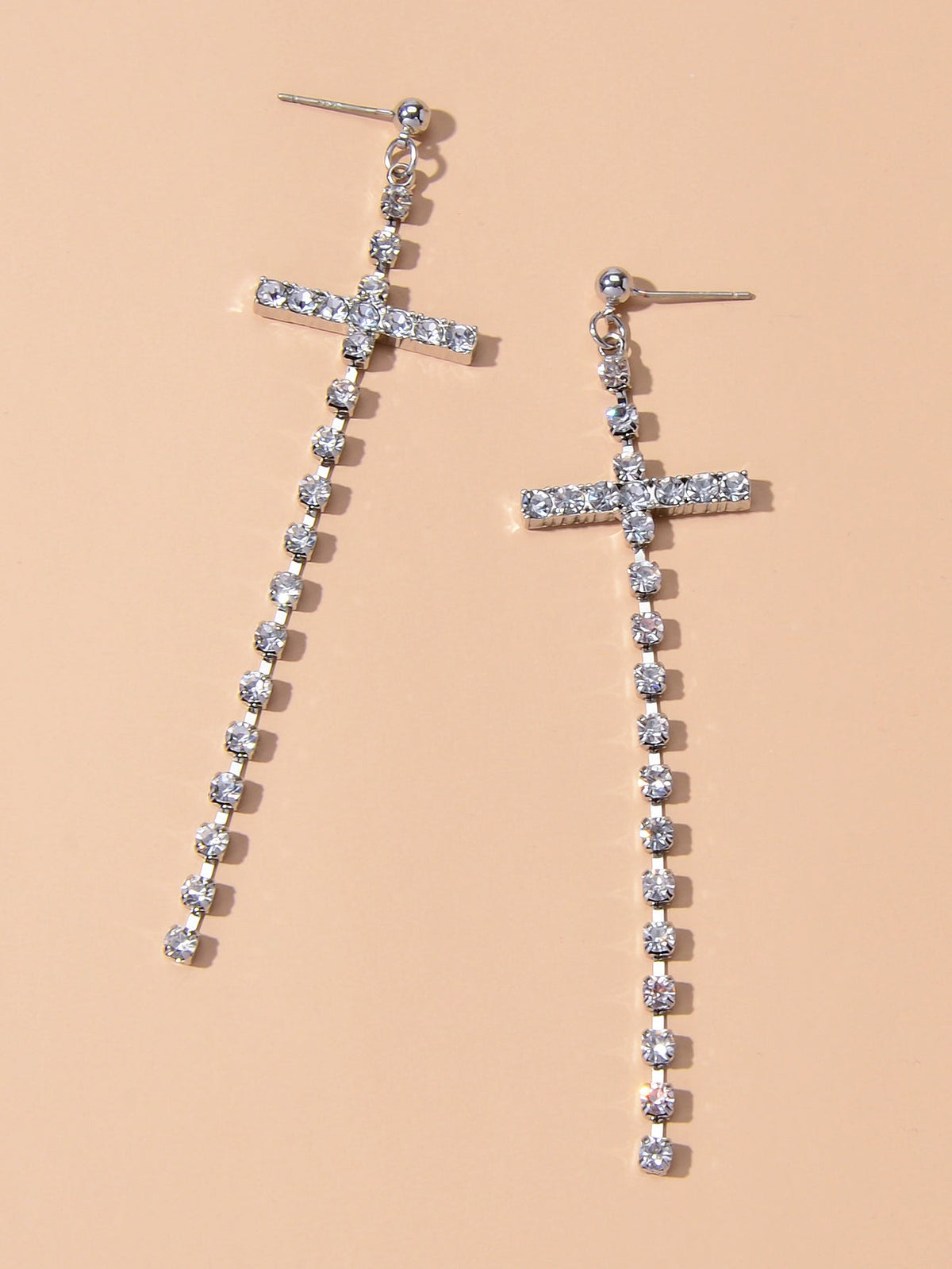 New Style Shining Full Rhinestone Long Silver Chain Cross Dangle Earrings Women-3