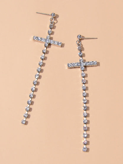 New Style Shining Full Rhinestone Long Silver Chain Cross Dangle Earrings Women-3