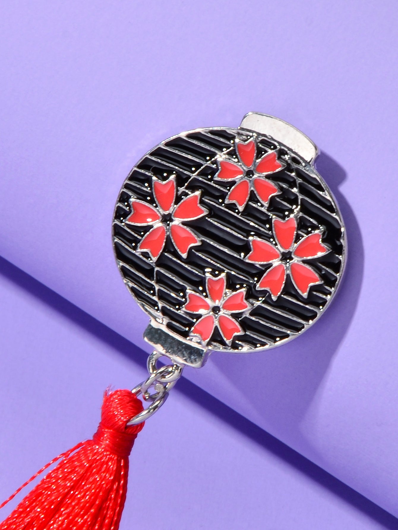 Chinese Ethnic Style Red Flower Black Lantern Brooch with Tassel Lapel Pin Badge-3