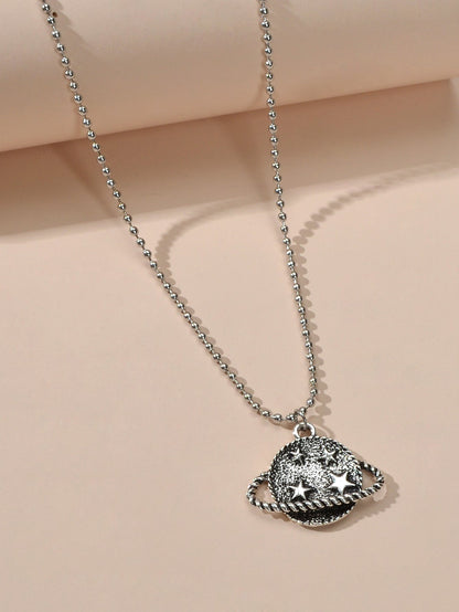 Goth HipHop Style Antique Silver Popcorn Chain Star Planet Pendant Punk Necklace-3