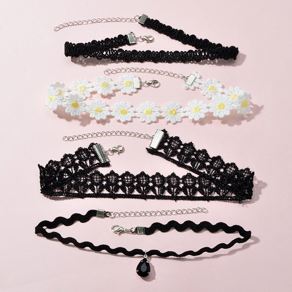 4 pcs Gothic White Black Flower Tattoo Choker Necklace Retro Punk 90s Collar-0