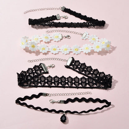 4 pcs Gothic White Black Flower Tattoo Choker Necklace Retro Punk 90s Collar-0