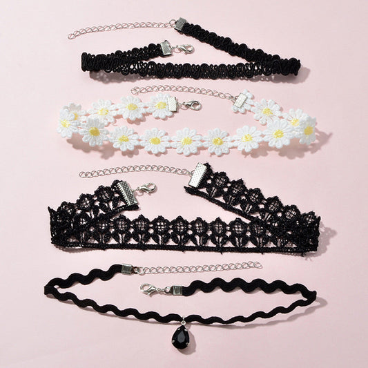 4 pcs Gothic White Black Flower Tattoo Choker Necklace Retro Punk 90s Collar-0
