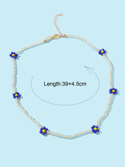 Boho Handmade Seed Beads Choker Blue Flower Collar Necklace Prom Party Jewellery-3