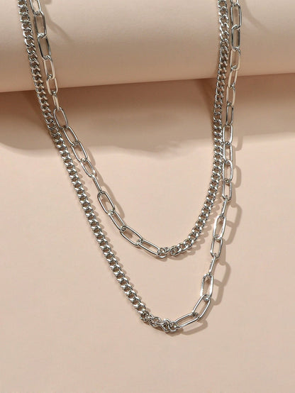 Punk Jewelry Silver Double layer Chain Necklace Wholesale Price Women Accessory-3