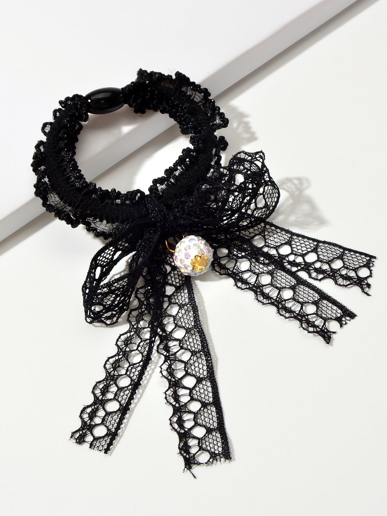 2pcs Black Lace Bead Elastic Bowknot Hair Ties Ropes Women Girl Hair Accessories-3