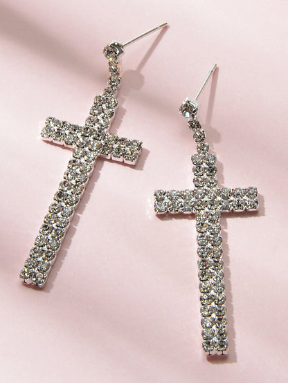 Female Jewellery Punk Shining Full Rhinestone Silver Cross Statement Earrings-3