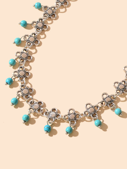 Ethnic Boho Chic Antique Silver Flower Turquoise Charm Beach Anklet Foot Jewelry-2