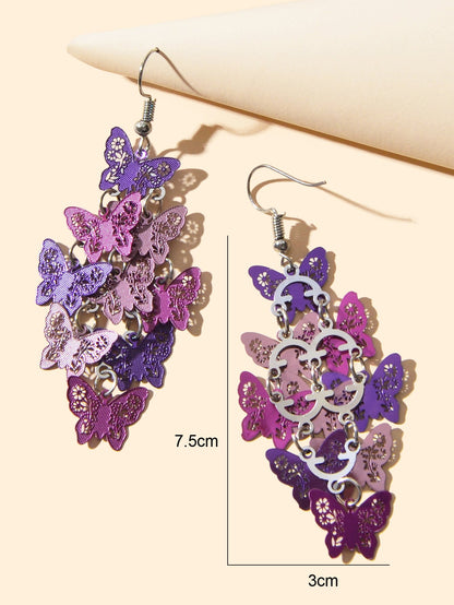 Women's Fashion Hot Pink Purple Hollow Multi-level Butterfly Chandelier Earrings-3